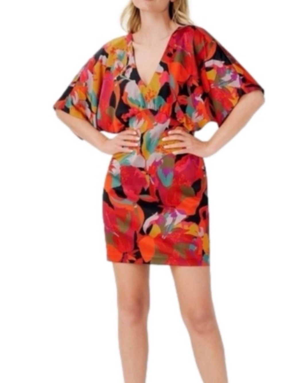 floral mini dress with abstract floral print in red, orange- aidan mattox
